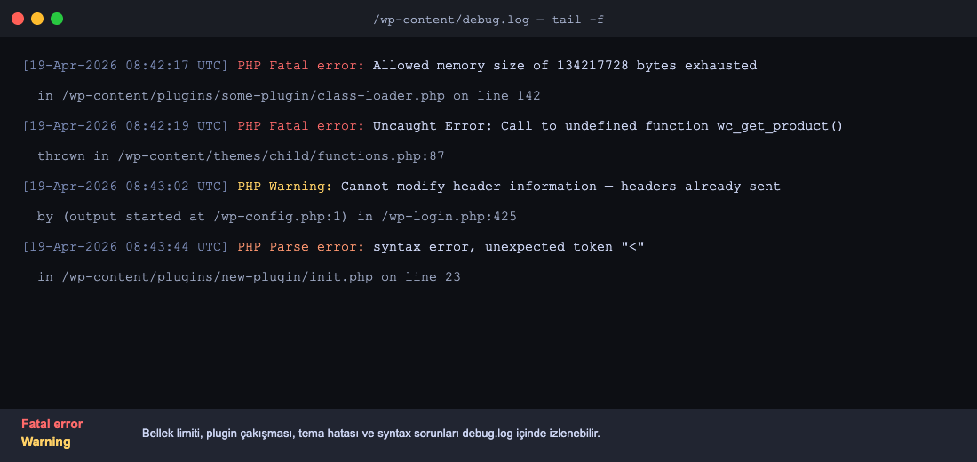 WordPress debug.log dosyasında tipik 500 hatası log kayıtları